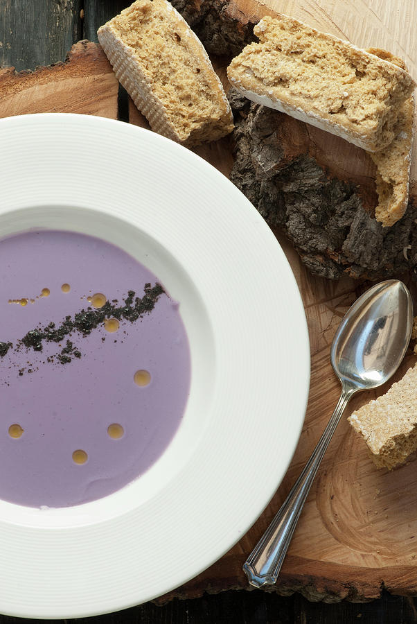 Purple Cauliflower Soup Served With Rusks south Africa Photograph by Spyros Bourboulis