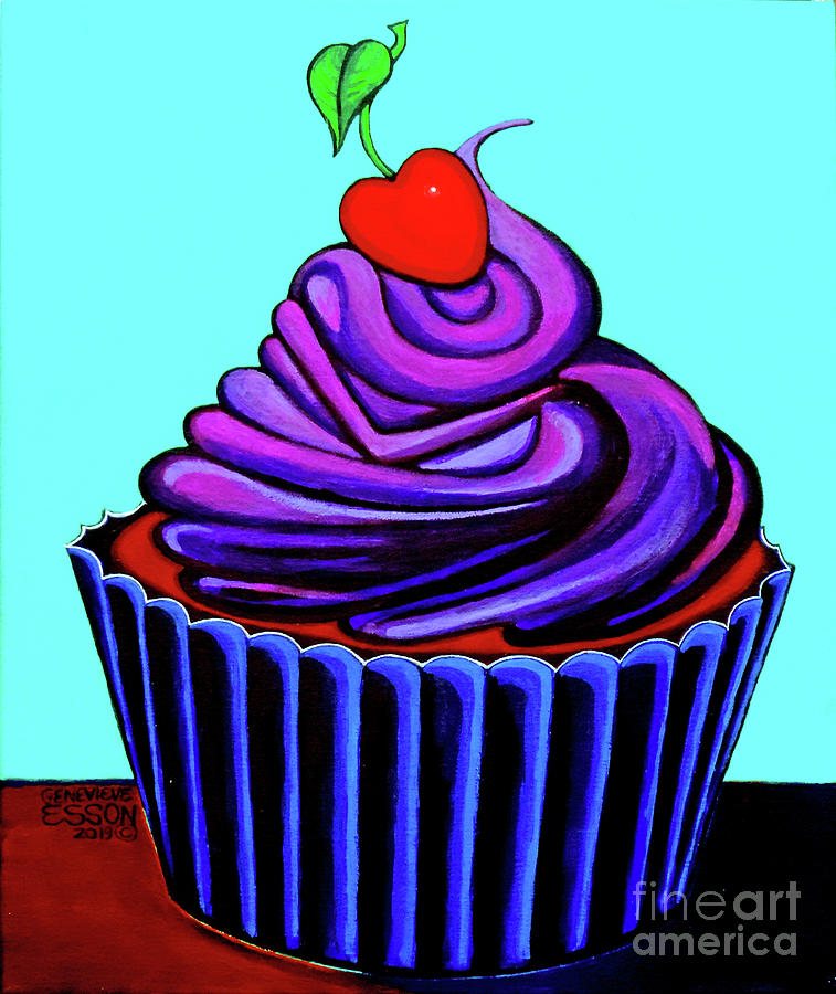 Cake Painting - Purple Cupcake With Cherry by Genevieve Esson
