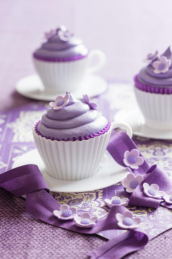 Purple Cupcakes Decorated With Sugar Flowers Photograph by Andrew Young