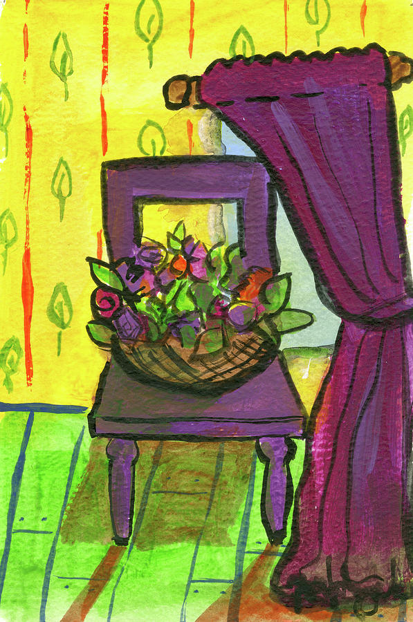 Still Life Painting - Purple Curtains And Chair by Jennifer Frances Azadmanesh