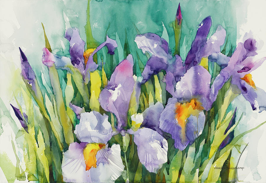 Flower Painting - Purple Irises by Annelein Beukenkamp