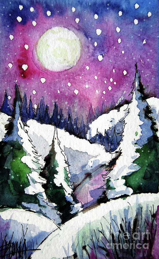 PURPLE LIGHT - Winterscape Watercolor - Mona Edulesco Painting by Mona Edulesco