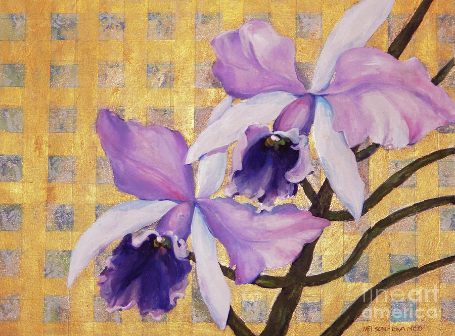 Purple Orchids  on Gold Background Painting by Sharon Nelson-Bianco