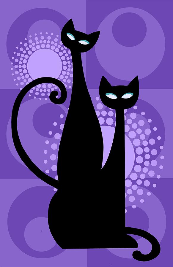 Vintage Painting - Purple Paradise Atomic Age Black Kitschy Cats by Little Bunny Sunshine