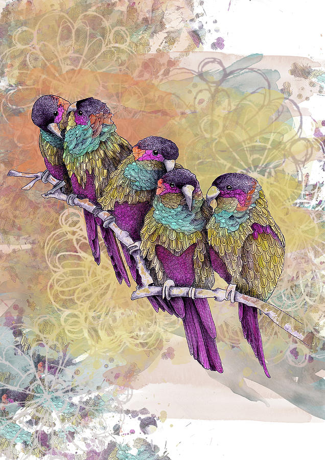 Animal Painting - Purple Parrots by The Tangled Peacock