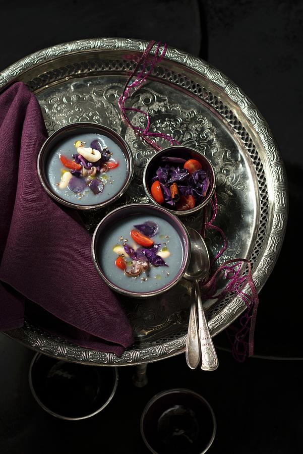 Purple Potato Soup With Caramelised Cinnamon Dates Photograph By Hans