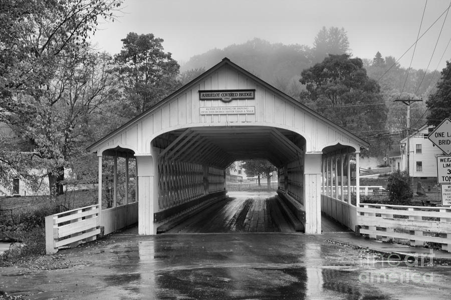 Purple Skies Over The Ashuelot Covered Bridge Black And White Photograph by Adam Jewell