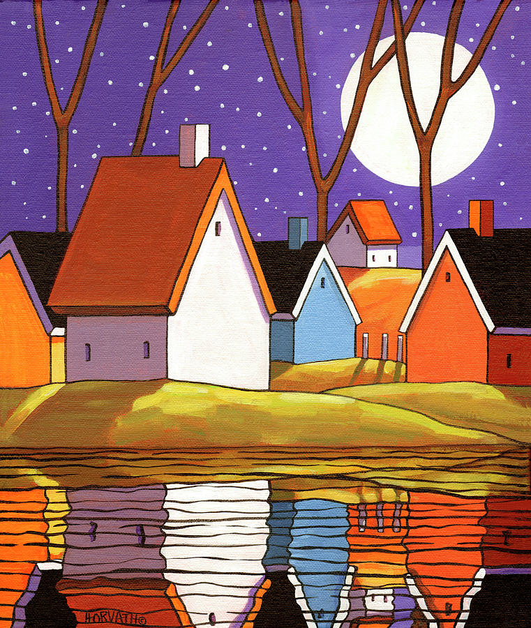 Fall Painting - Purple Sky And Stars Cottages by Cathy Horvath-buchanan