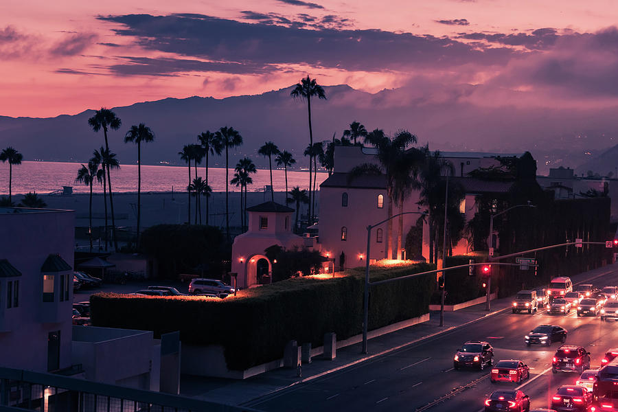 Purple Sunset In Santa Monica With Palms And Traffic On Freeway Photograph