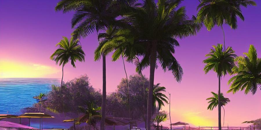 Purple Sunset Palm Trees Beach Digital Art by Stable Diffusion - Fine ...