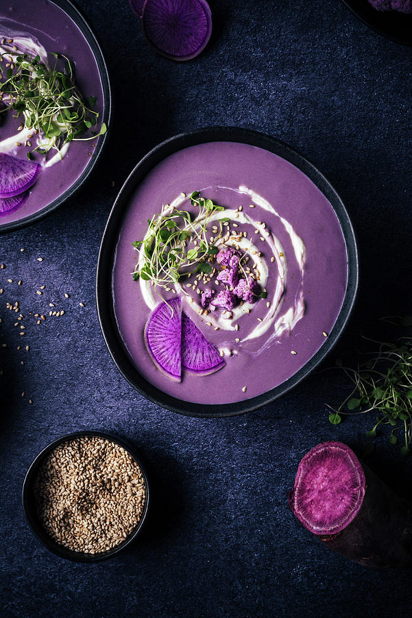 Purple Sweet Potato And Cauliflower Soup With Zaatar Photograph by Christian Kutschka