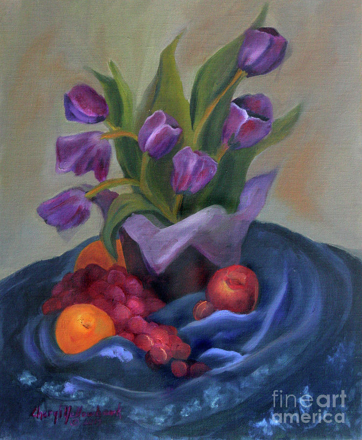 Still Life Pastel - Purple Tulips on Blue Fabic by Cheryl Yellowhawk Still Life Pastel - Purple Tulips on Blue Fabic by Cheryl Yellowhawk
