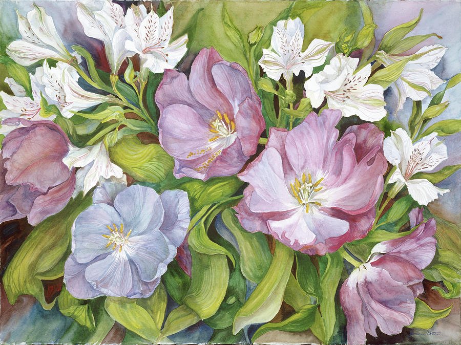 Purple Tulips/ White Alstroneria Painting by Joanne Porter