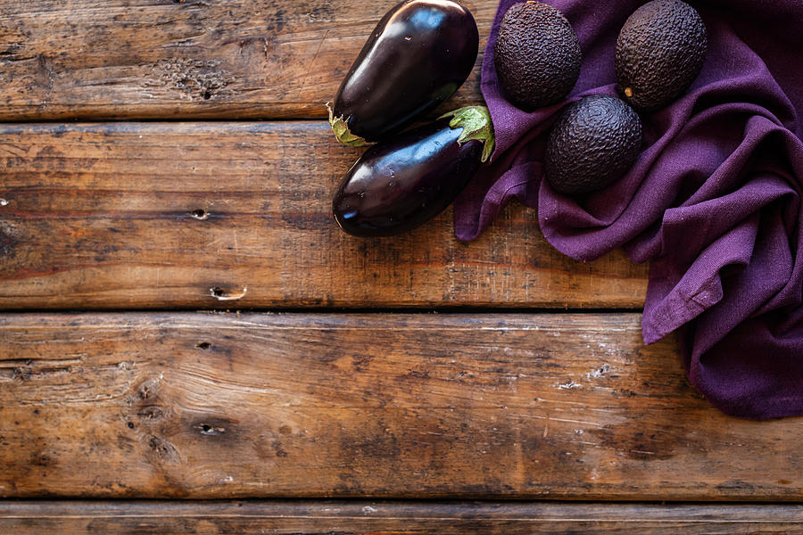 Purple Vegetable - Avocadoes And Aubergines Photograph by Hein Van Tonder