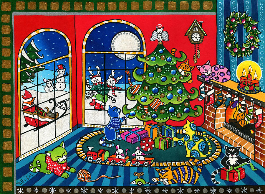Purrfect Christmas Cat Painting Painting by Dora Hathazi Mendes