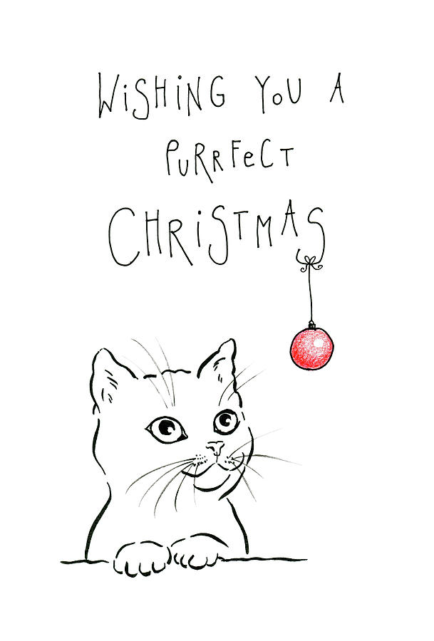 Purrfect christmas minimalistic pen and ink drawing Drawing by Karen
