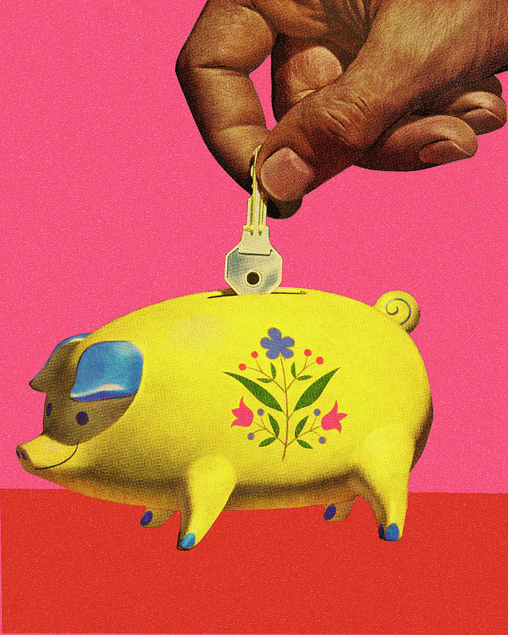 Vintage Drawing - Putting a Key in a Piggy Bank by CSA Images