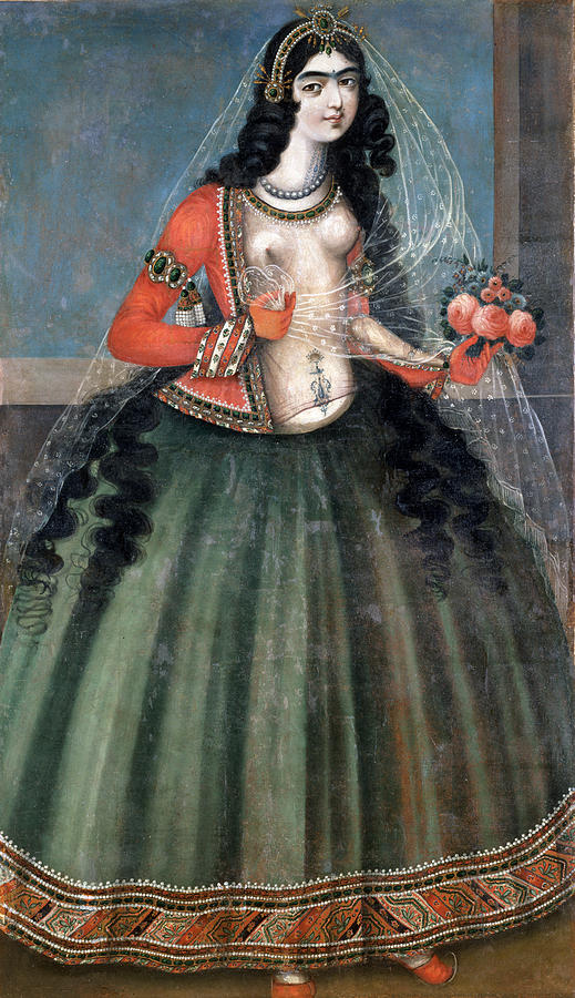 Qajar Dynasty - Woman Holding A Rose - Unkn Painting