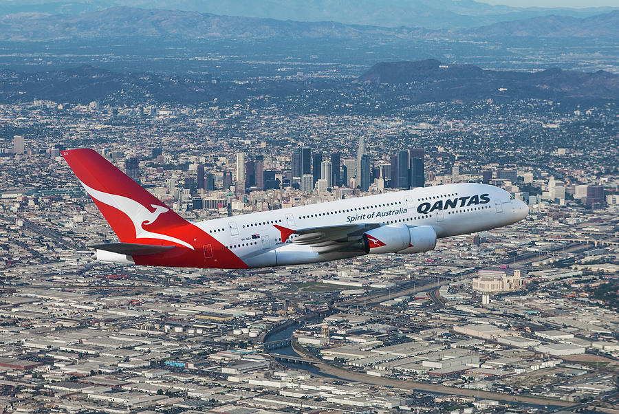 Qantas Airbus A380 Over Los Angeles Mixed Media by Erik Simonsen
