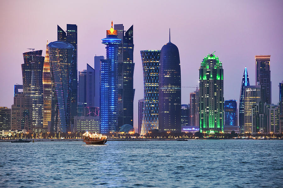 Qatar, Ad-dawhah, Doha, Arabian Peninsula, Doha City Skyline At Night ...