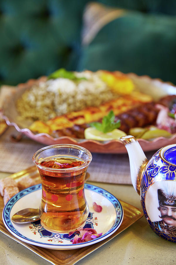 Qatar, Ad-dawhah, Doha, Arabian Peninsula, Traditional Tea Served With Grilled Chicken And Beef Kebabs, Parisa Restaurant, Souk Waqif Digital Art by Richard Taylor