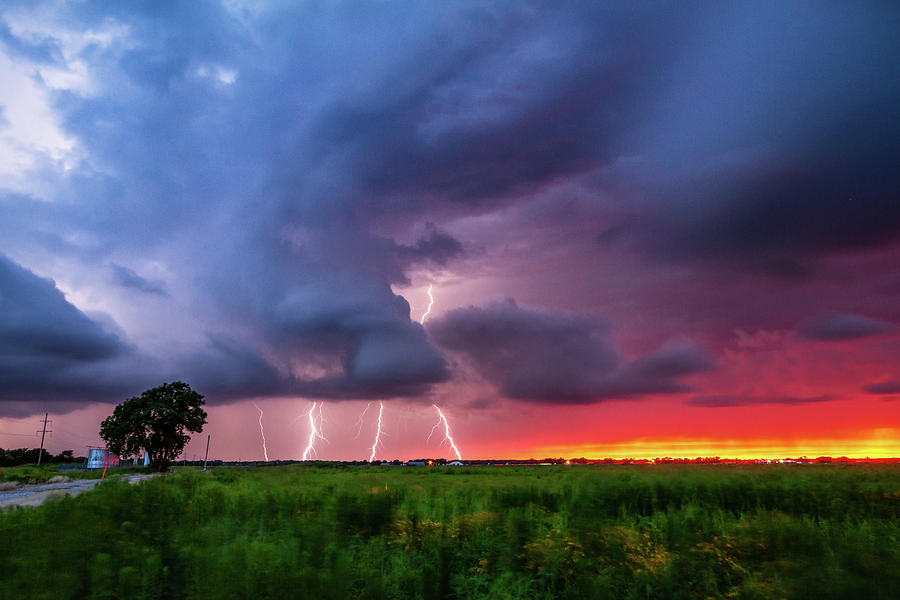 Sunset Photograph - Quad Strike - Lightning Strikes Down at Sunset in Central Oklahoma by Southern Plains Photography