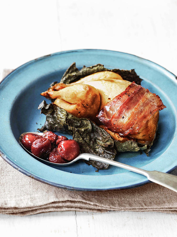 Quail Cooked In Vine Leaves And Wrapped In Pancetta With Grape Confit Photograph by Michael Paul