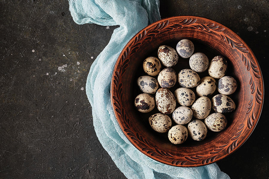 Quail Eggs In A Clay Bowl With Blue Cheesecloth Photograph by Julie Taras