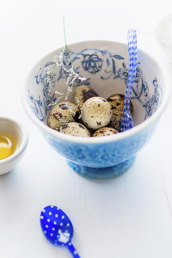 Quail Eggs In A Floral Patterned Bowl Photograph by Au Petit Gout Photography Llc
