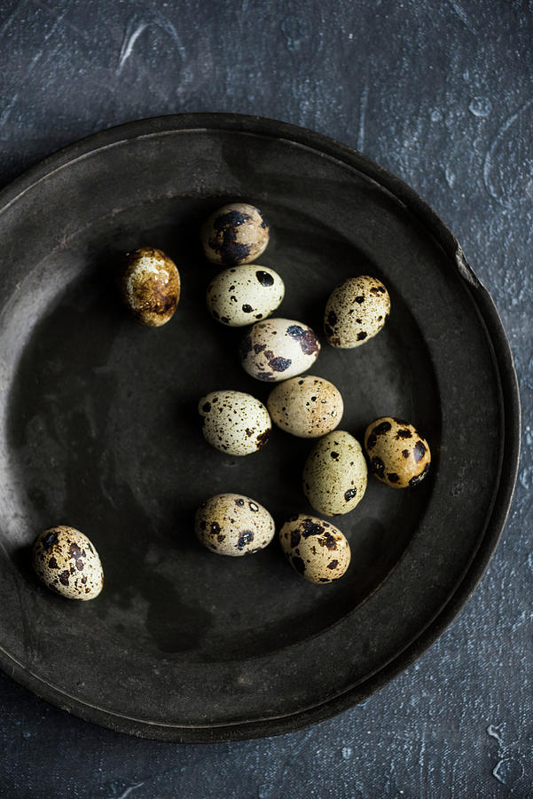 Quail Eggs On A Black Plate Photograph by Hein Van Tonder