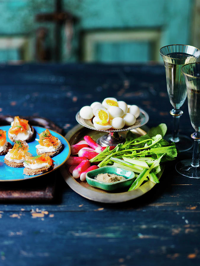Quail Eggs, Radish, Cucumber, Canape With Smoked Salmon Photograph by Karen Thomas