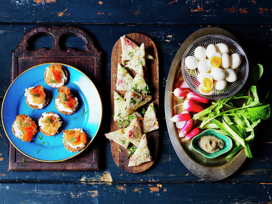 Quail Eggs, Radish, Cucumber, Toast With Cheese, Canape With Smoked Salmon Photograph by Karen Thomas