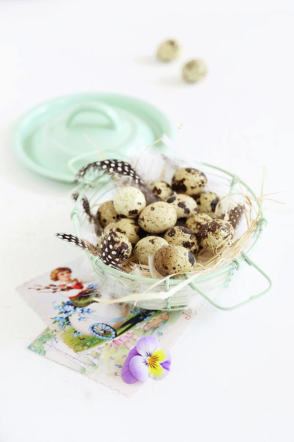 Quails Eggs, Feathers And Easter Greetings Cards Photograph by Syl Loves