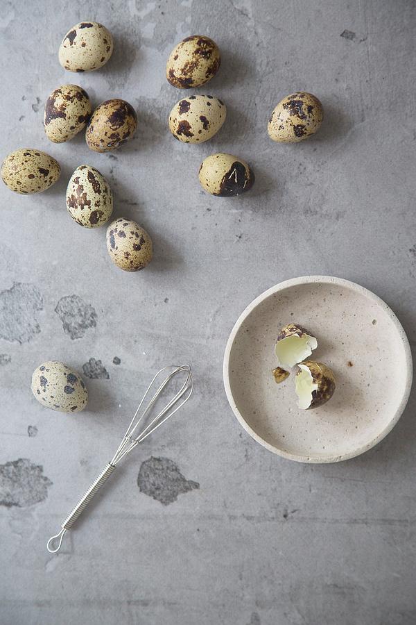 Quails Eggs On A Grey Surface And Egg Shells On A Ceramic Plate Photograph by Nadja Hudovernik Food Photography