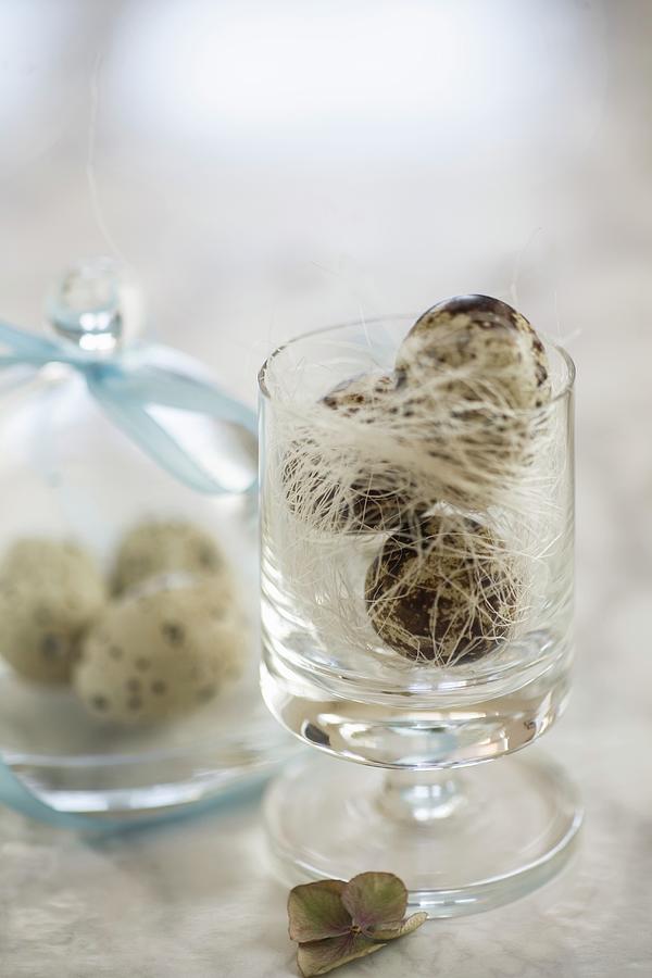 Quails Eggs Under A Glass Cloche And In A Glass With A Ribbon Photograph by Alicja Koll