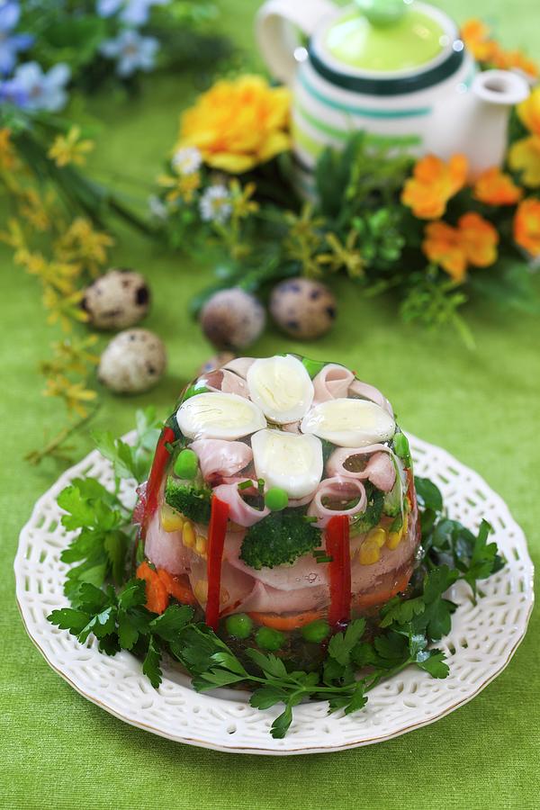 Quail's Eggs, Vegetables And Ham In Aspic For Easter Photograph by ...