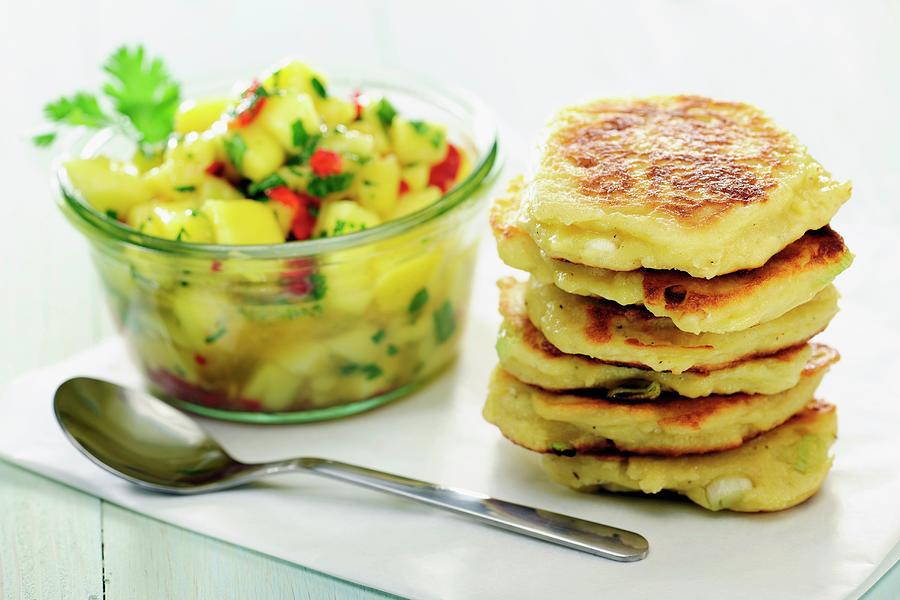 Quark And Spring Onion Pancakes With Mango Chutney Photograph by Ina Peters