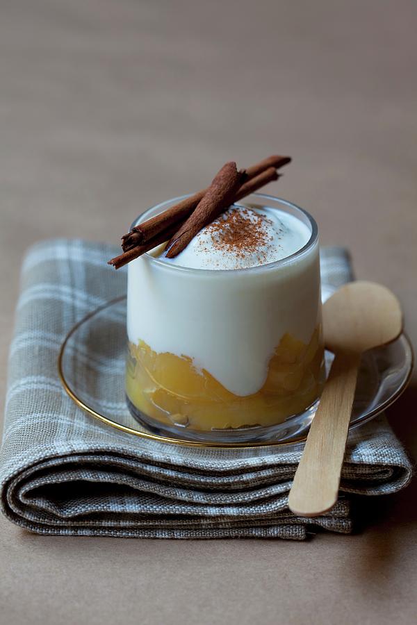 Quark Dessert With Stewed Apple And Cinnamon Photograph by Hilde Mche