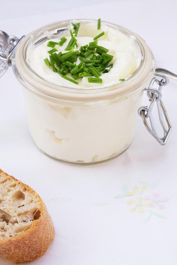 Quark With Chives In A Clip-top Jar, And A Chunk Of Baguette Photograph by Larissa Veronesi