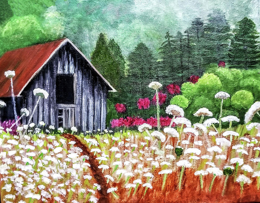 Queen Ann Lace in Front of Old Barn Painting by Margaret Harmon