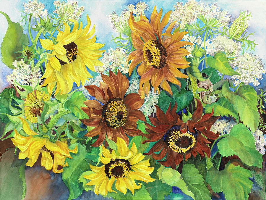 Queen Anne Lace & Sunflowers Painting by Joanne Porter