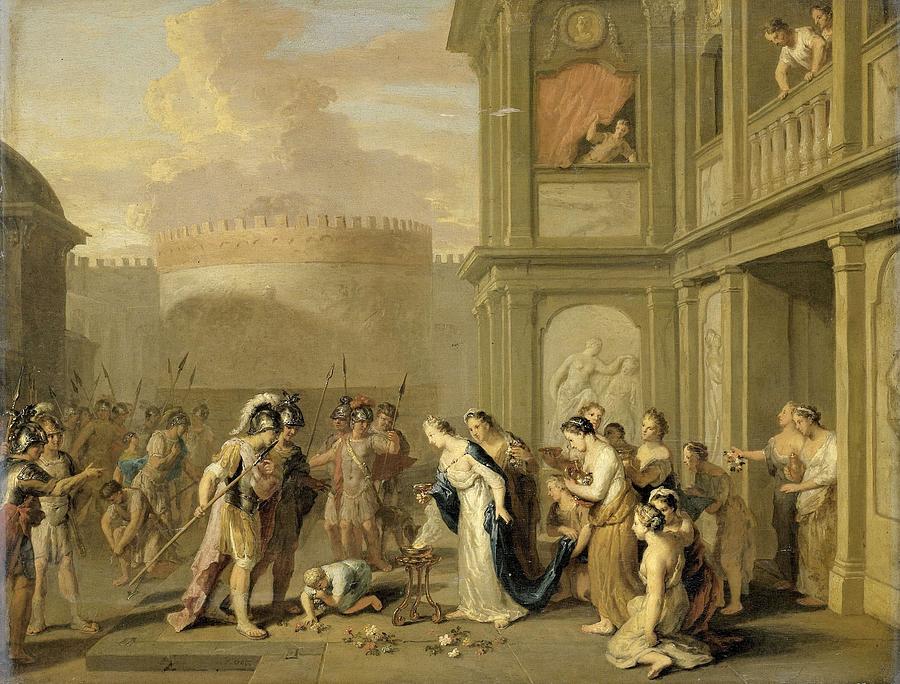 Queen Cleophis Offering Wine to Alexander the Great after his Conquest of Mazaka. Painting by Gerard Hoet -I-