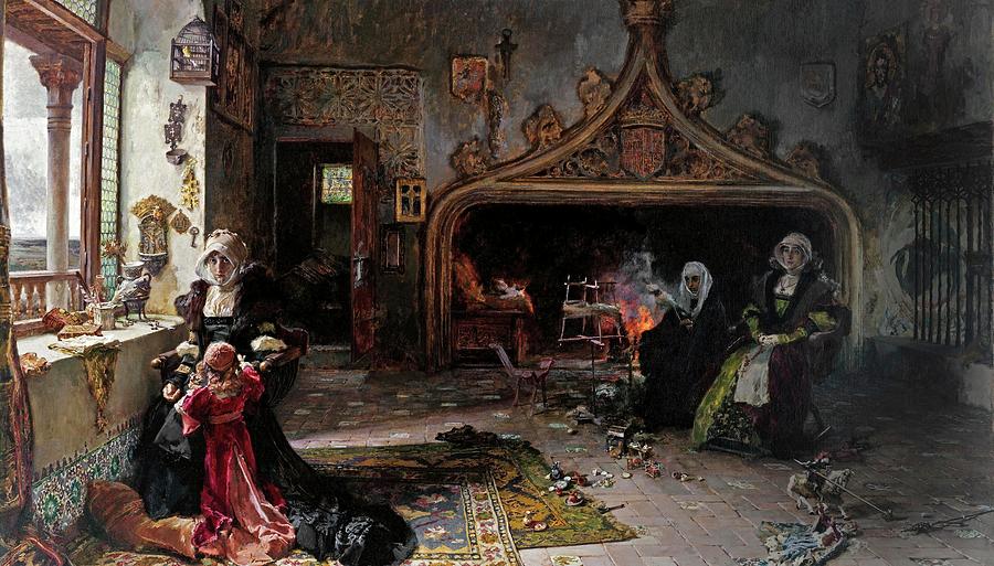 Queen Juana la Loca confined at Tordesillas with her daughter, the infanta Catalina, 1906. Painting by Francisco Pradilla Ortiz -1848-1921-