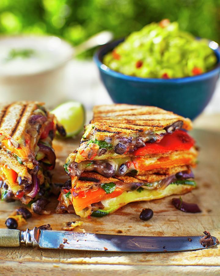 Quesadillas With Ovenroasted Vegetables, Guacamole And Sour Cream