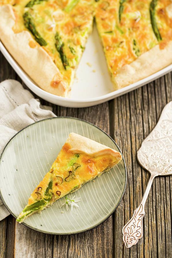 Quiche With Spring Onions, Green Asparagus And Smoked Alpine Salmon Photograph by Sandra Krimshandl-tauscher