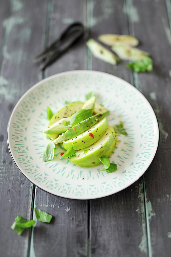 Quick Apple Salad With Avocado, Chili And Chia Seeds vegan Photograph by Jan Wischnewski