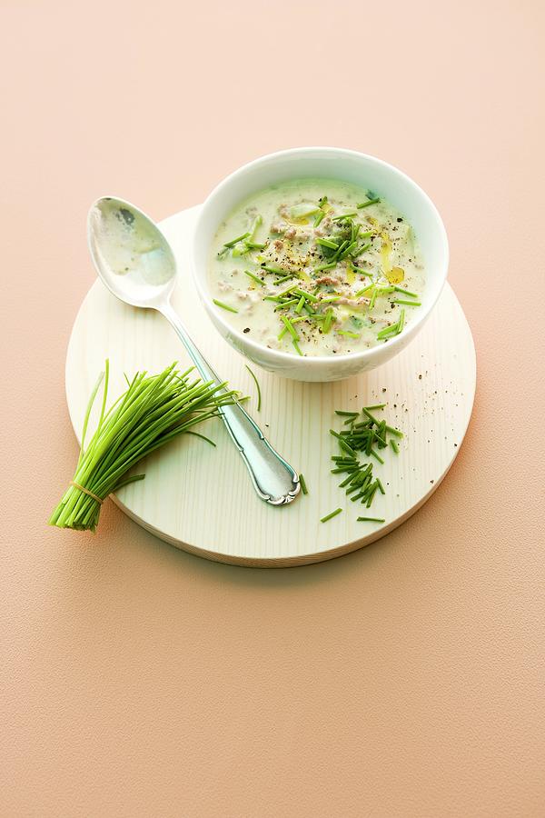 Quick Minced Beef And Leek Soup With Chives Photograph by Michael Wissing
