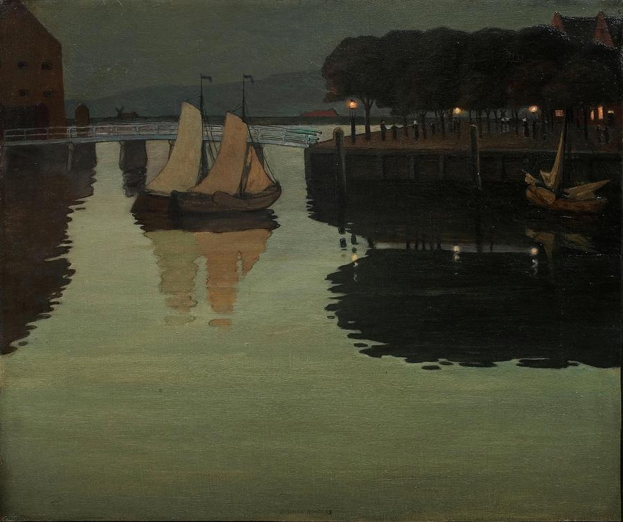 Quiet evening in the Harbor at Hoorn, 1893. Oil on canvas. 53 x 63 cm. Painting by Johann Martin von Rohden