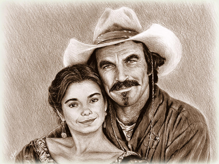 Tom Selleck Drawing - Quigley down under sepia by Andrew Read