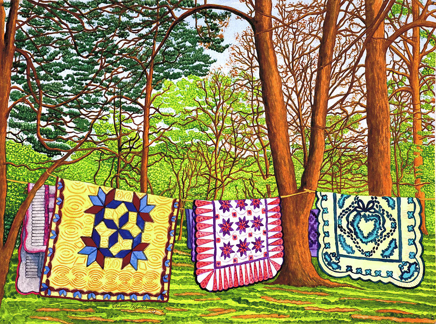 Quilts In The Woods, Bird-in-hand Pa Painting by Thelma Winter